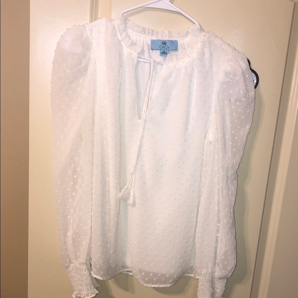 CeCe White Swiss Dot Tie-Neck Long-Sleeve Blouse